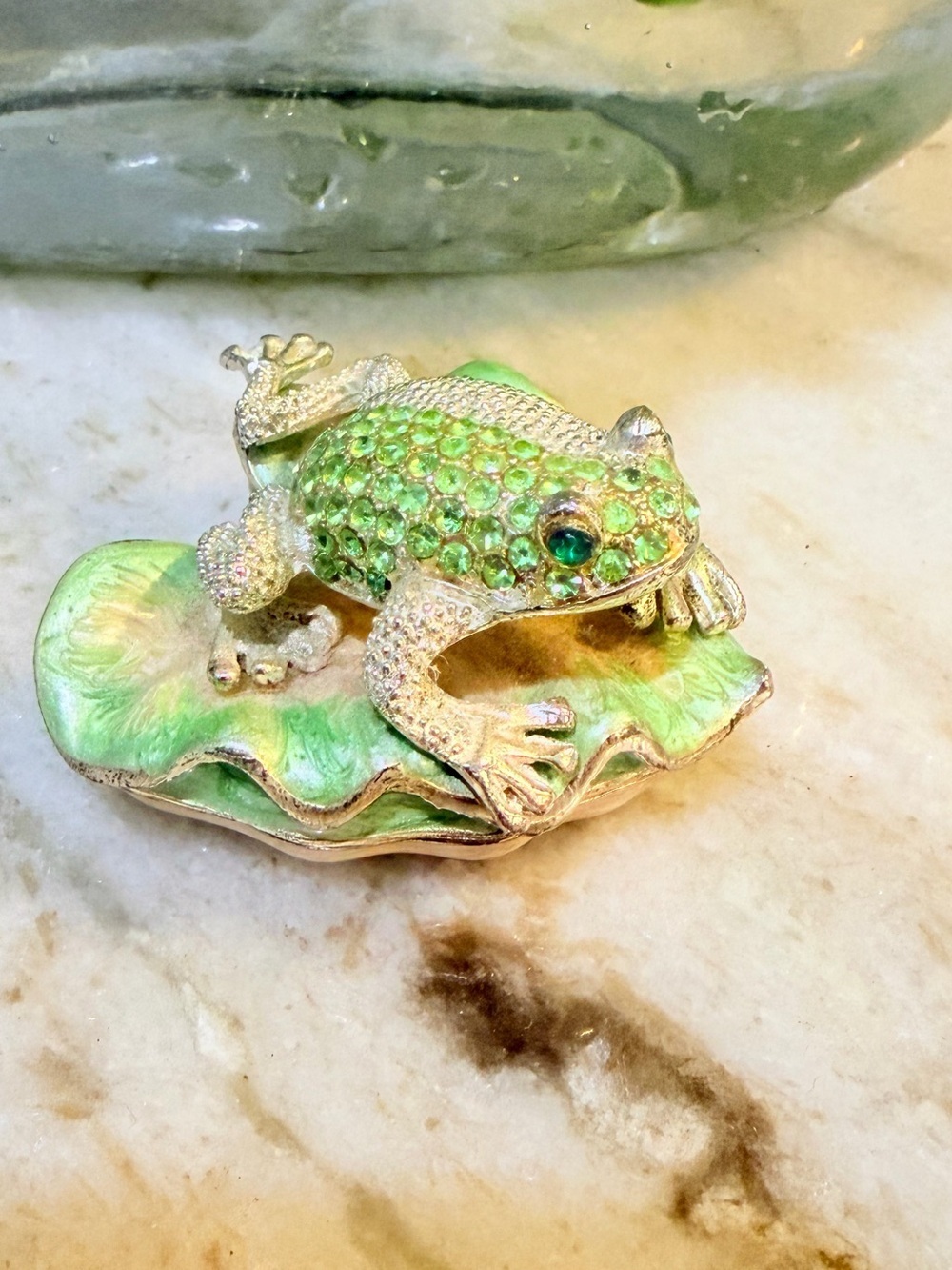 Vintage Frog on Lilly Pad Bejeweled Enamel Trinket Box